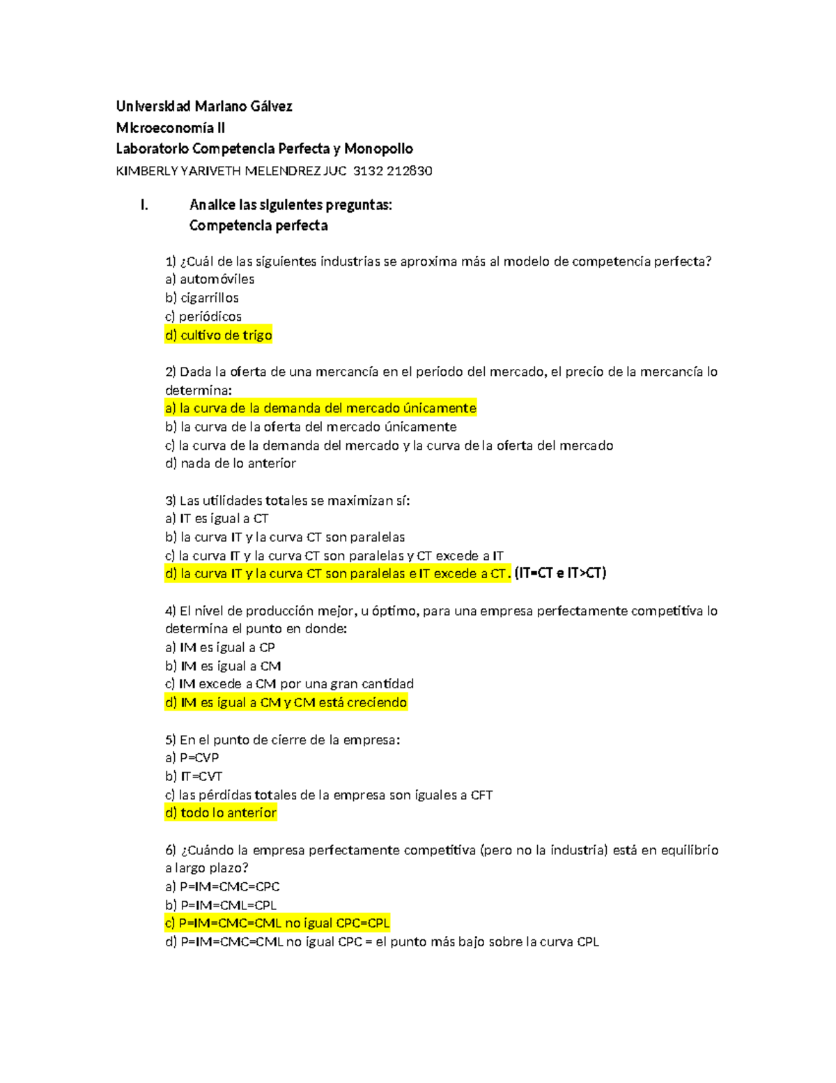 Laboratorio Final KIMBERLY YARIVETH MELENDREZ JUC 3132: Competencia Perfecta y - Document Preview