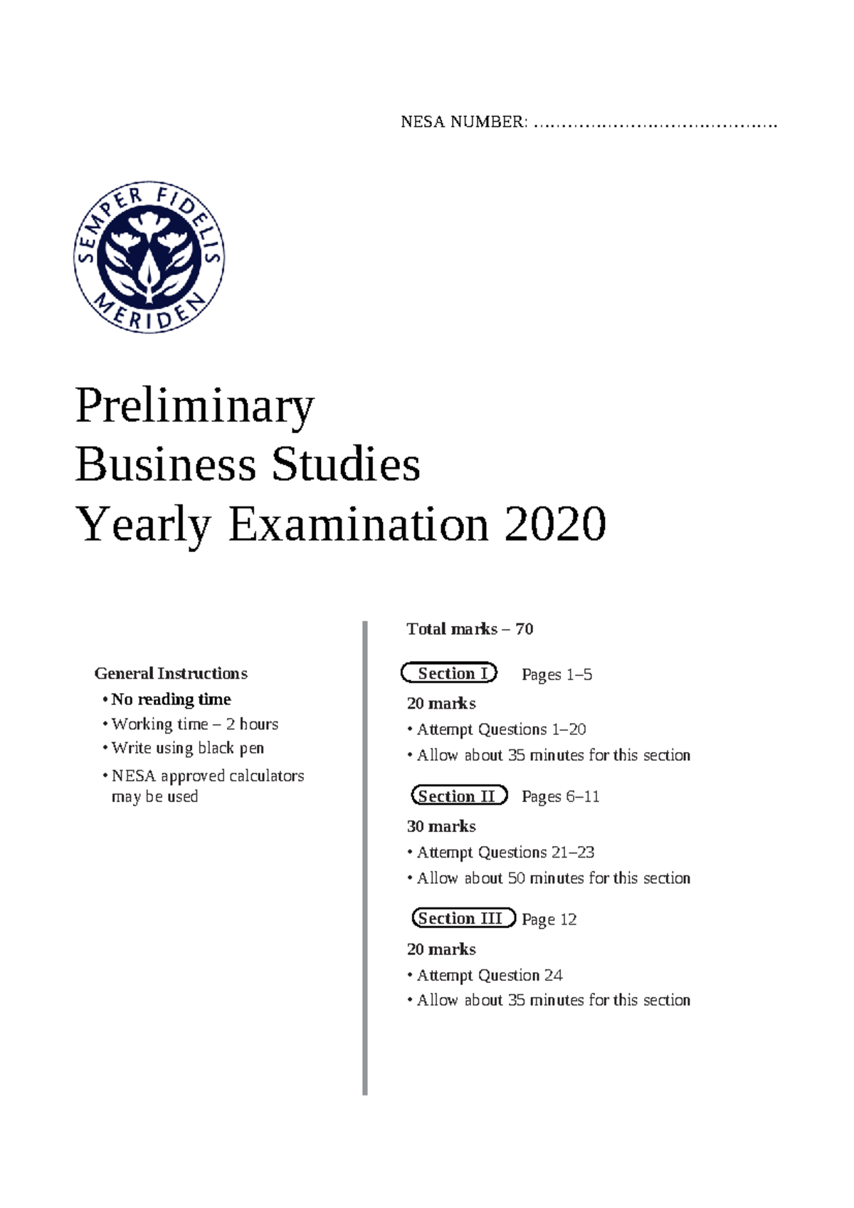 Preliminary Business Studies Yearly Exam 2020 (BSYR11) - Studocu