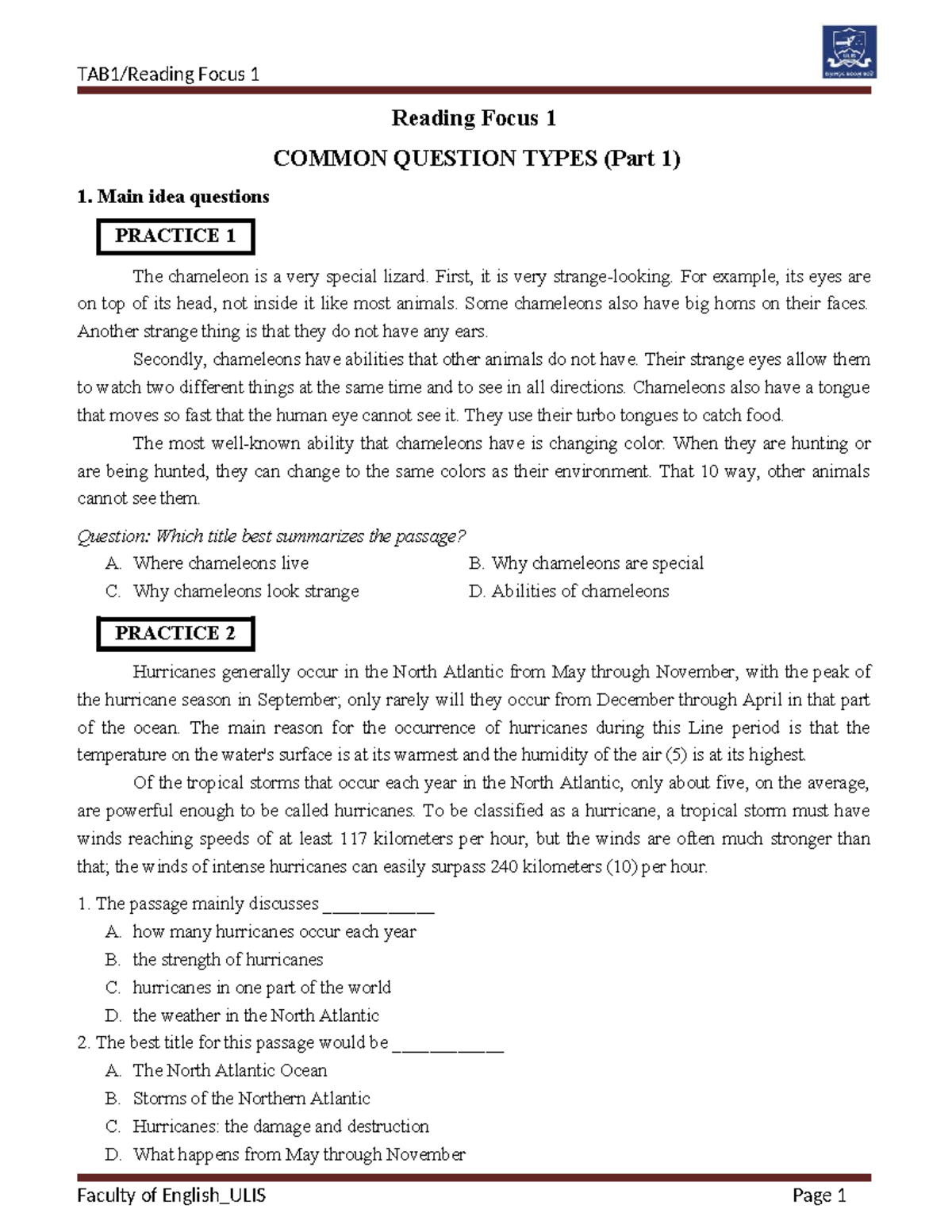 TAB1 Reading Focus 1: Common Question Types & Practice Exercises - Studocu