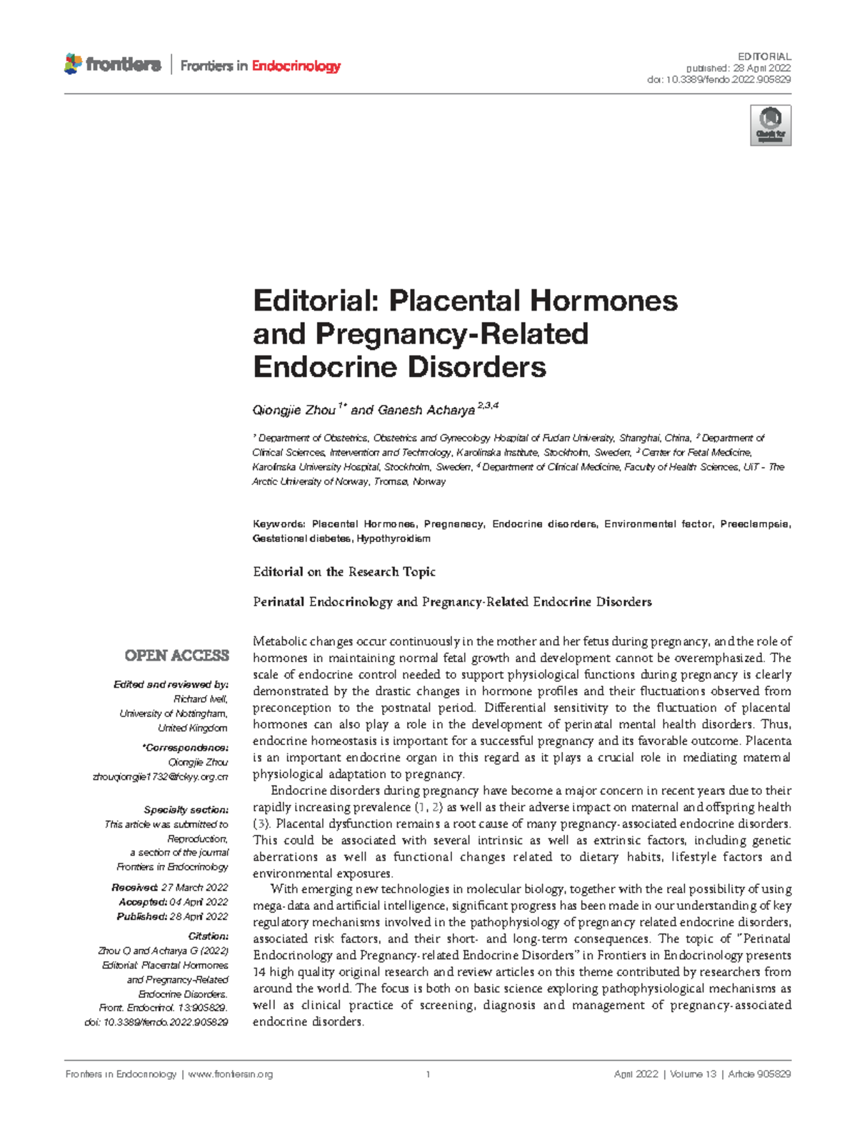 Editorial: Placental Hormones and Endocrine Disorders in Pregnancy ...