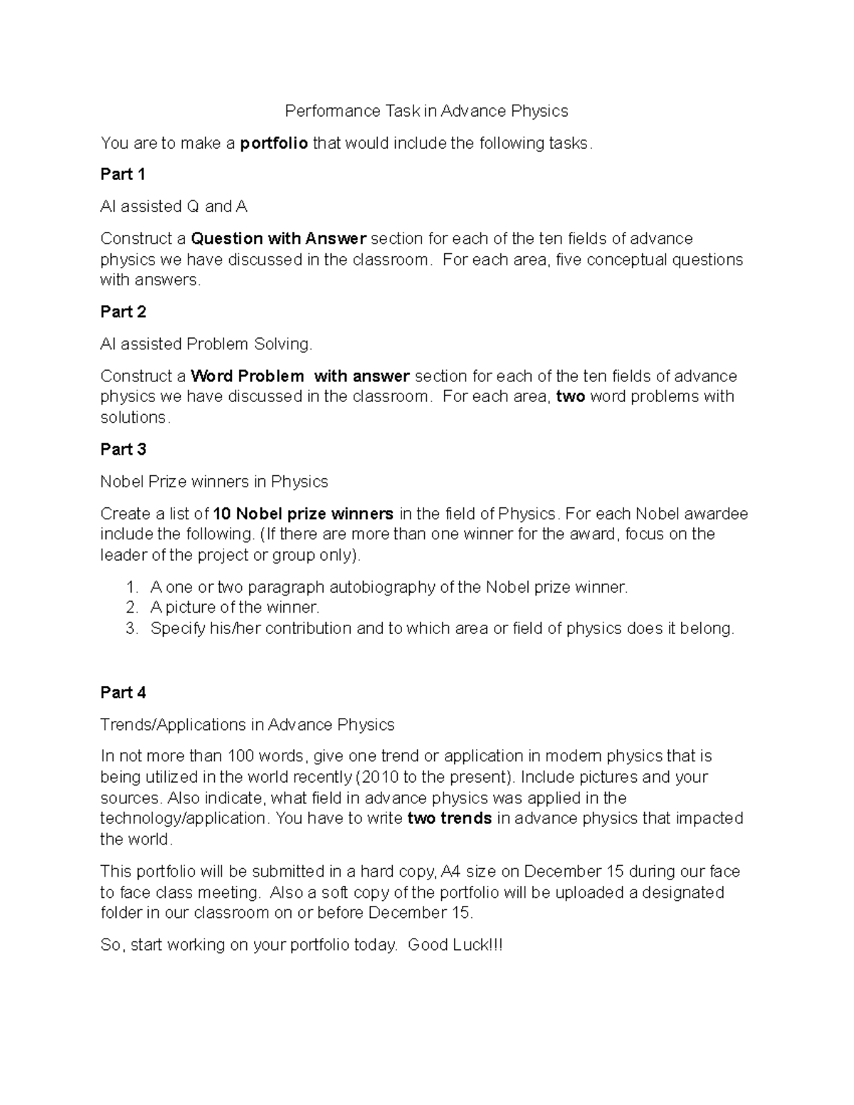 Performance Task in Advance Physics - Part 1 AI assisted Q and A ...