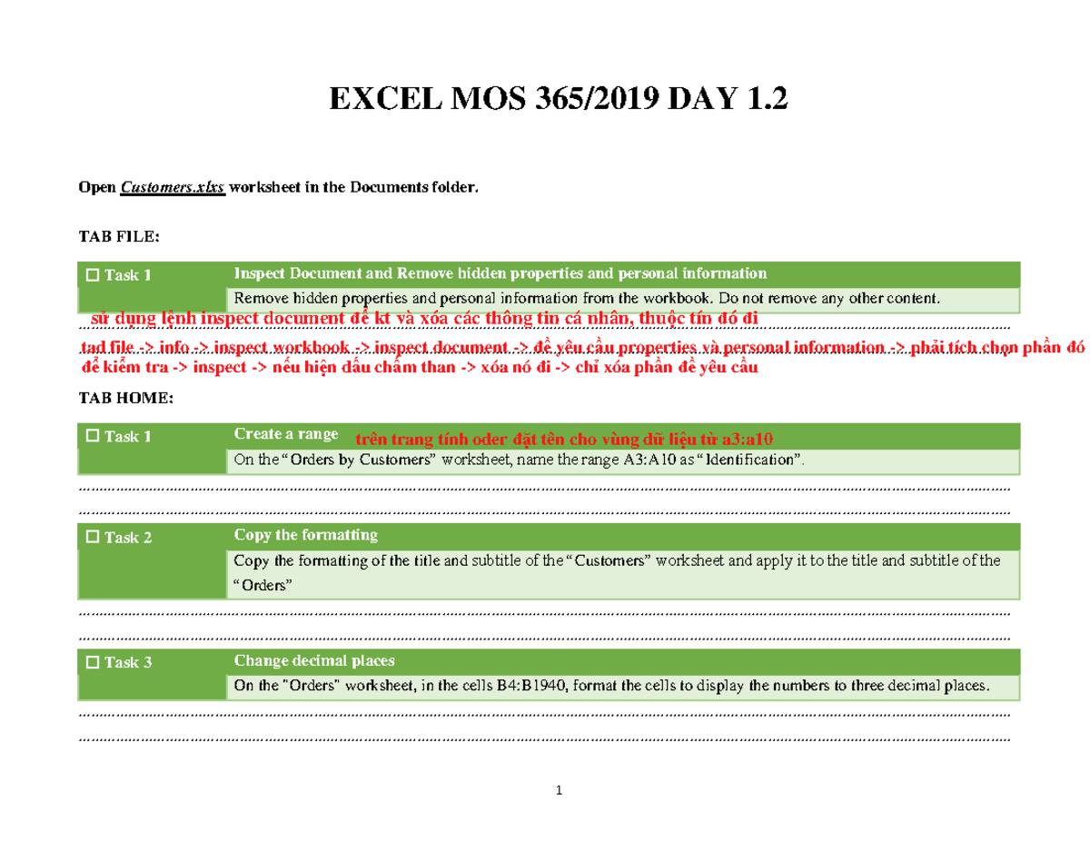 EXCEL MOS 365/2019 DAY 1.2 - Workbook Inspection & Formatting Tasks ...