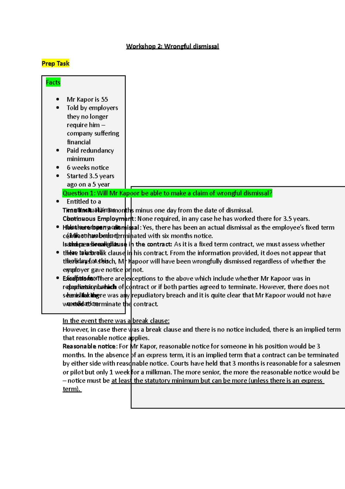 Wrongful Dismissal - Consol - Workshop 2: Wrongful dismissal Prep Task ...