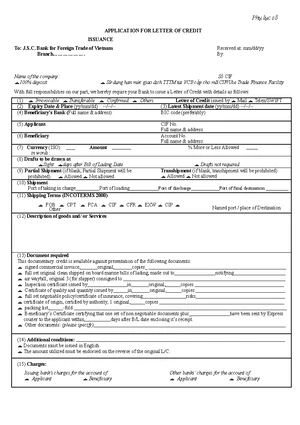 Application for LC issuance - Phụ lục số 16 YÊU C¾U PHÁT HÀNH TH ̄ TÍN ...