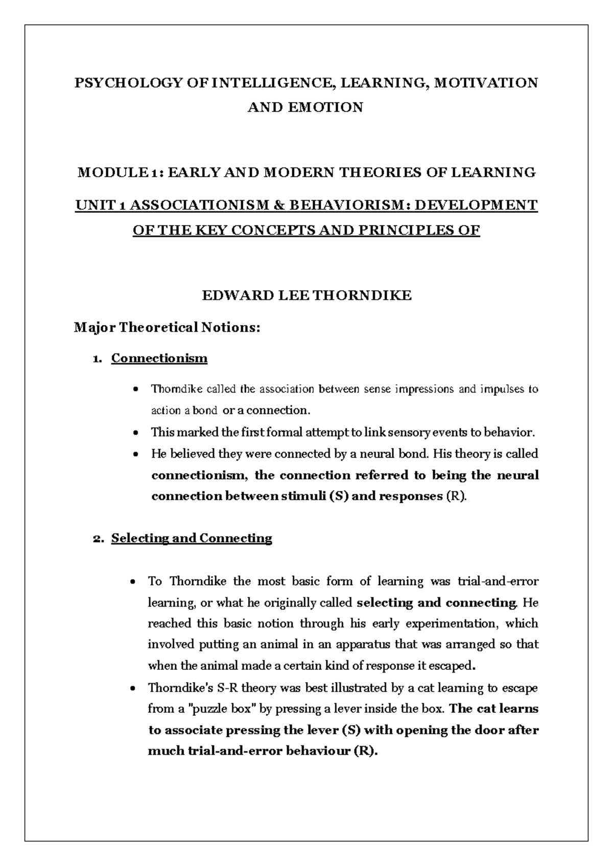 PSY 101: Module 1 Lecture Notes on Learning Theories and Thorndike ...