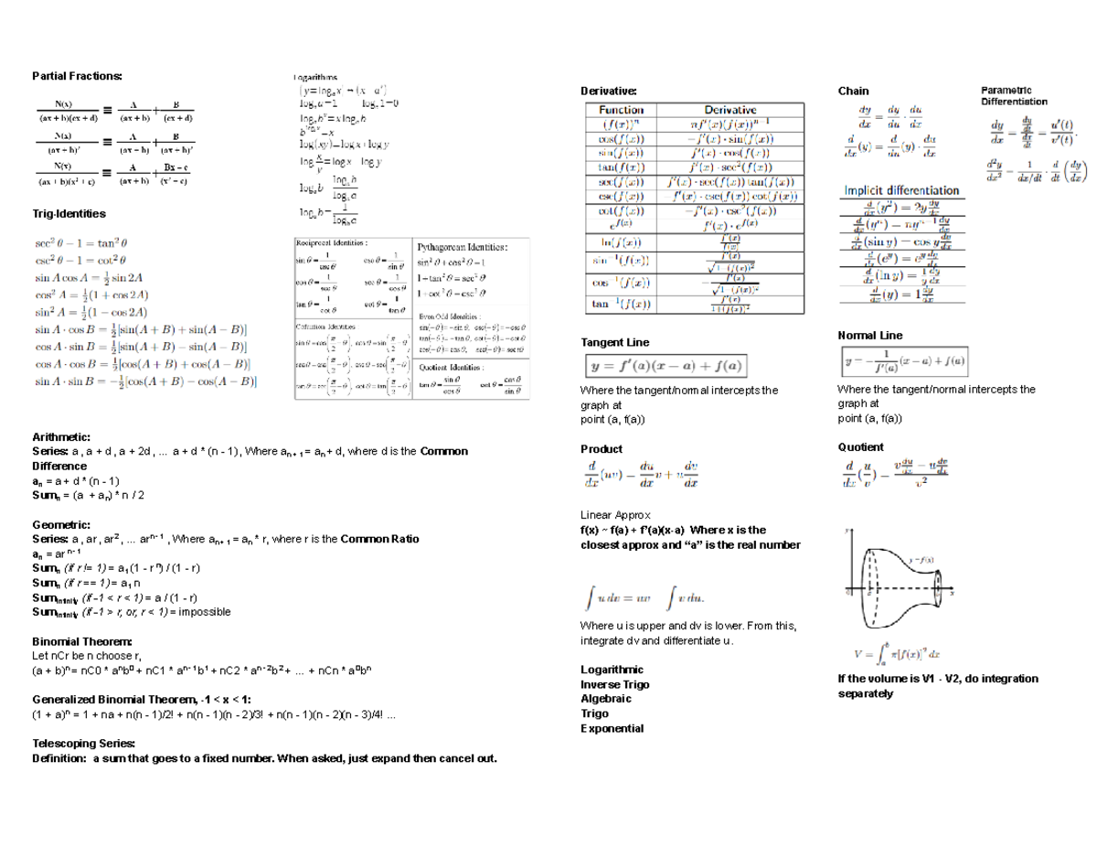 MA1301 Partial Fractions & Series Cheat Sheet - Studocu