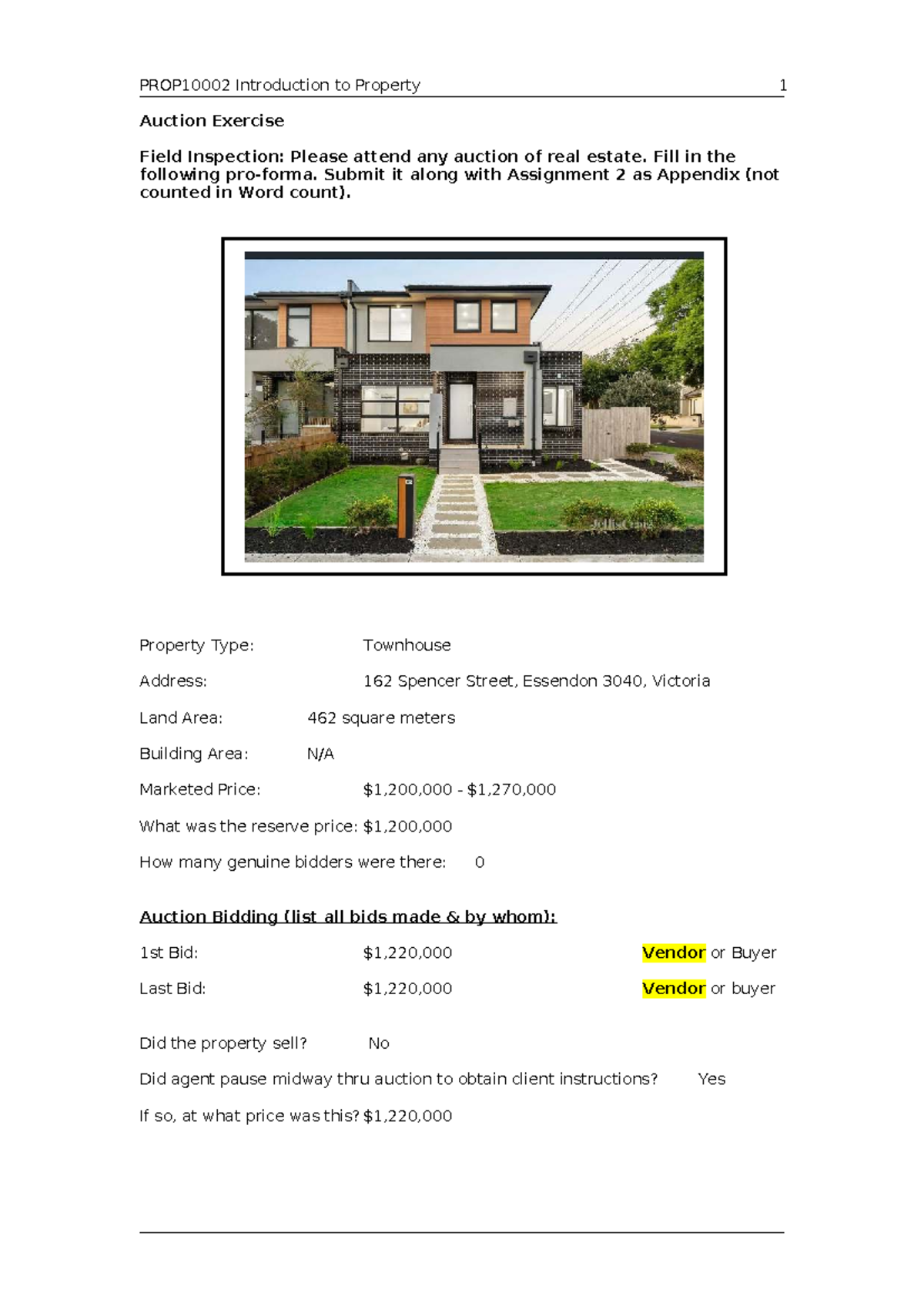 Property 1 Auction Exercise: Field Inspection Template for Assignment 2 ...