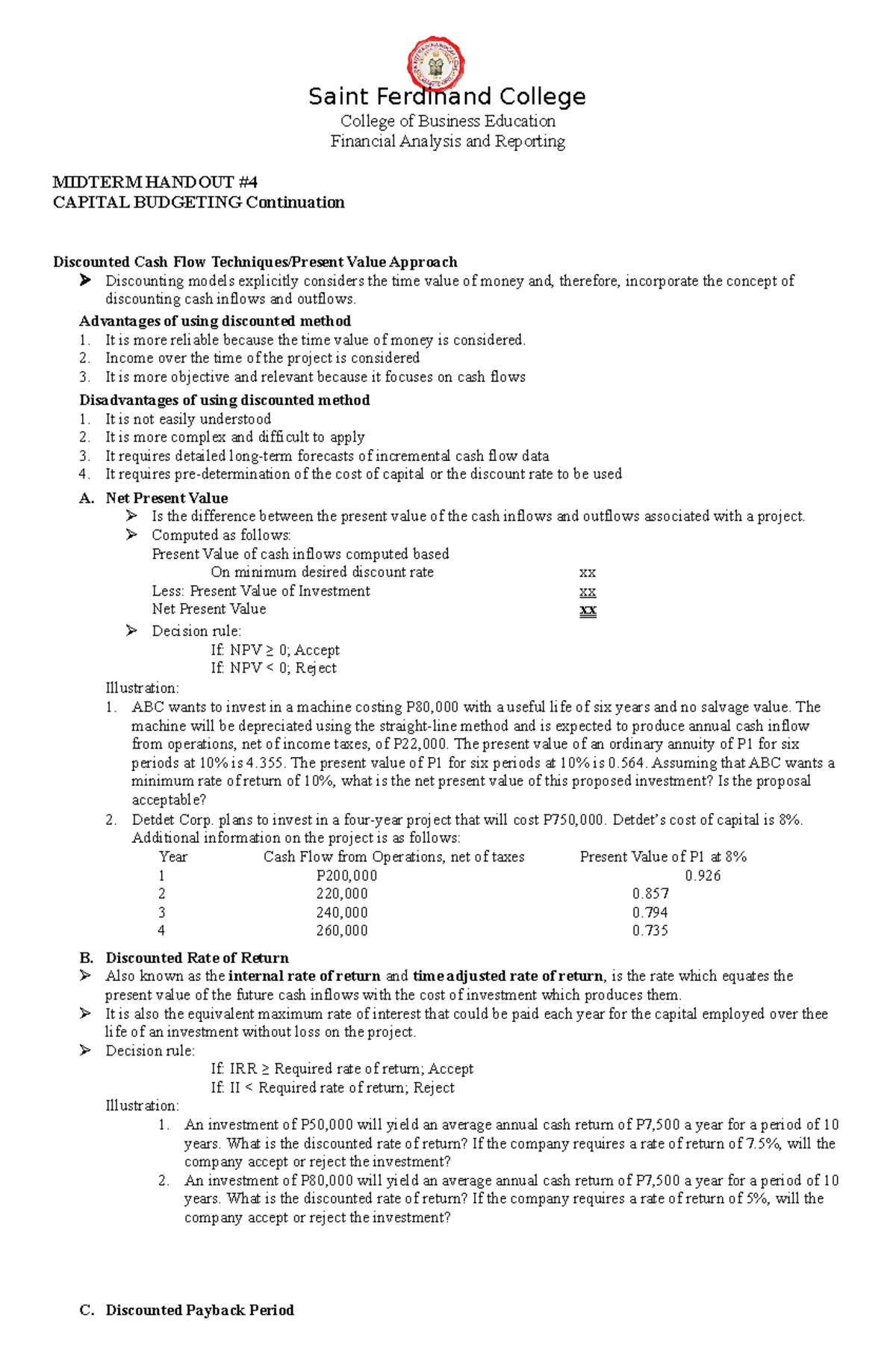 4 - cap bud - capital budgeting summary from cabrer - Saint Ferdinand ...