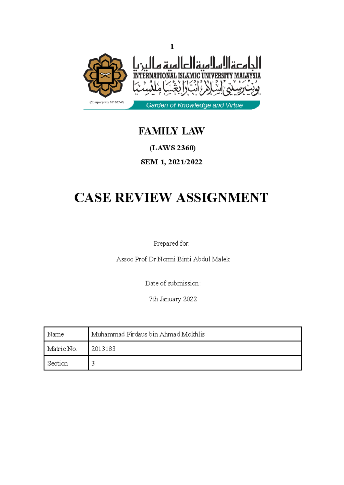 FAMILY LAW (LAWS 2360) - Case Review Analysis and Findings - Studocu