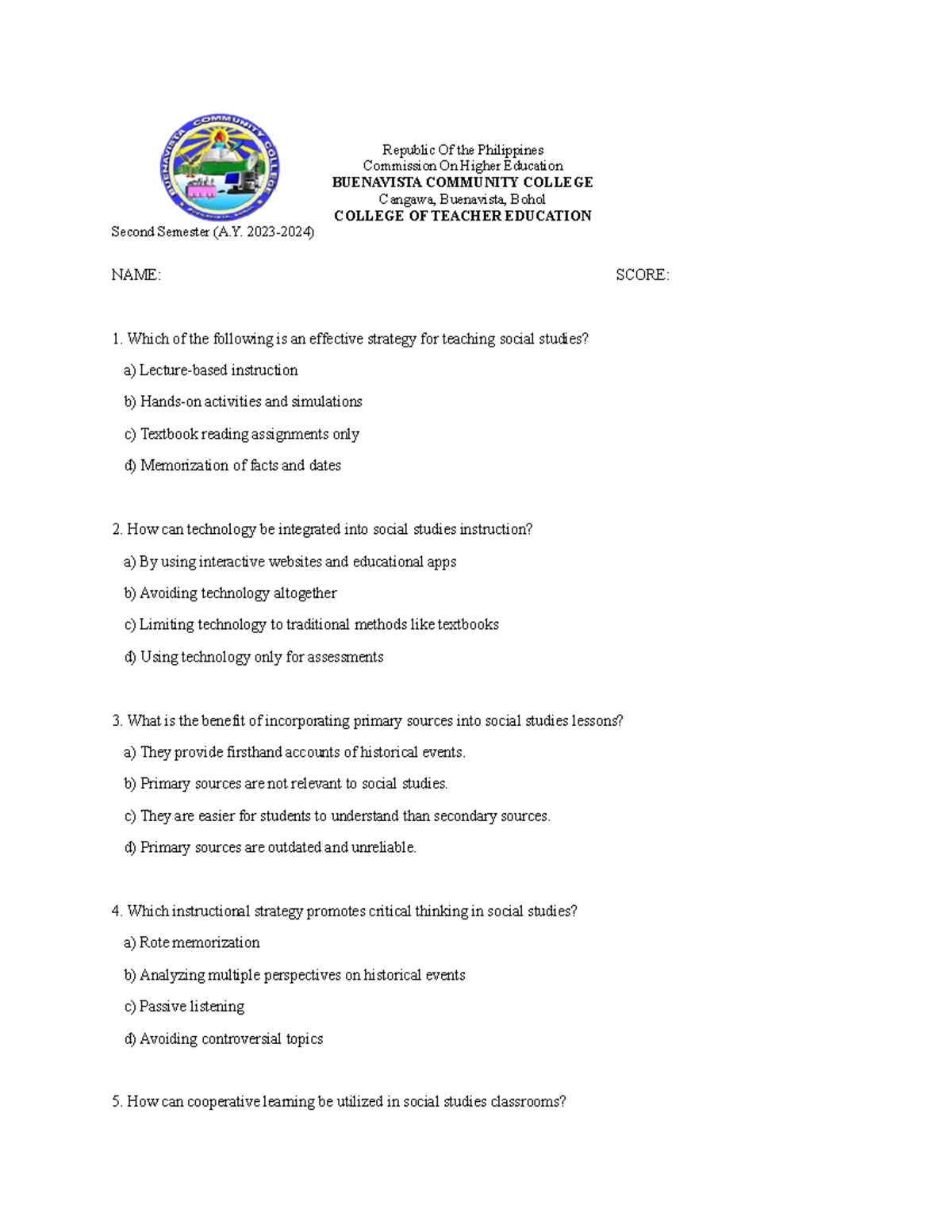 Midterm Exam: Strategies for Teaching Social Studies in Elementary ...