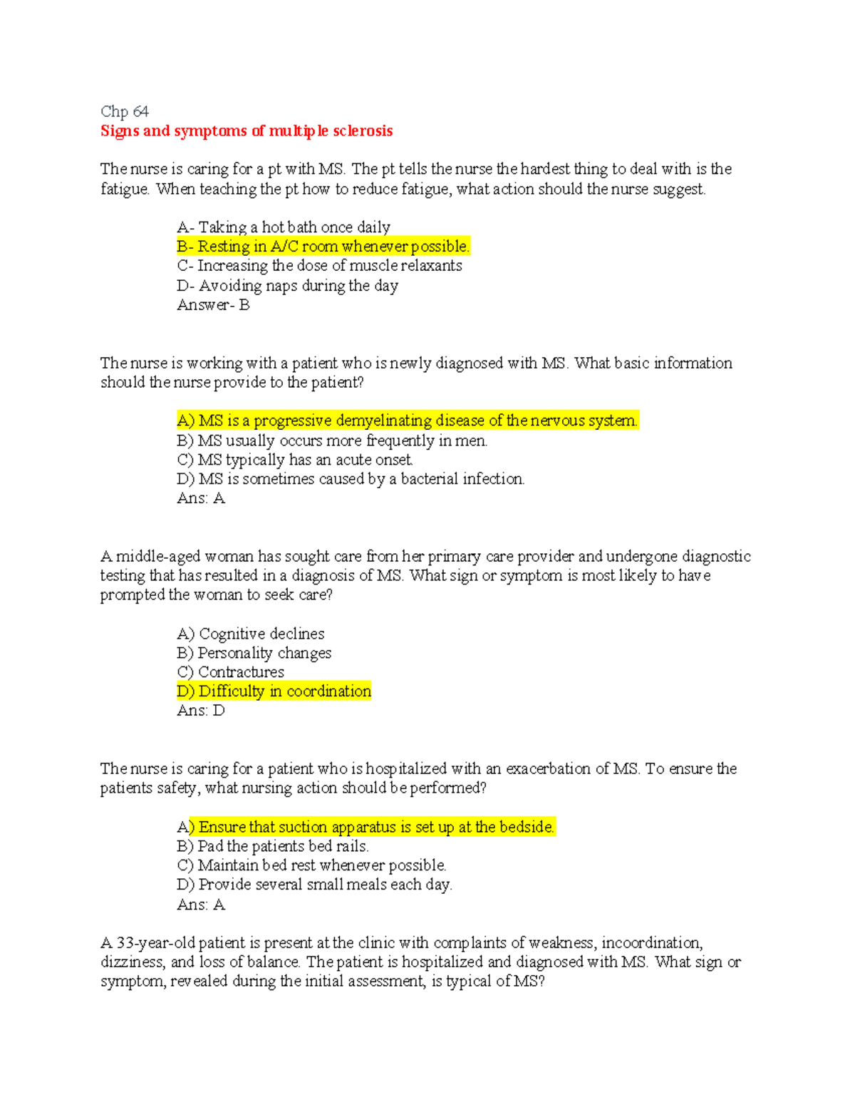 Final Exam MedSurg 2 Study Notes on MS and Related Conditions - Studocu