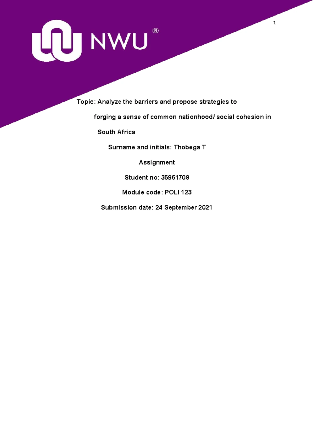 IURI 275 Assignment 1 - NWU- MAFIKENG CAMPUS IURI ASSESSMENT - T ...