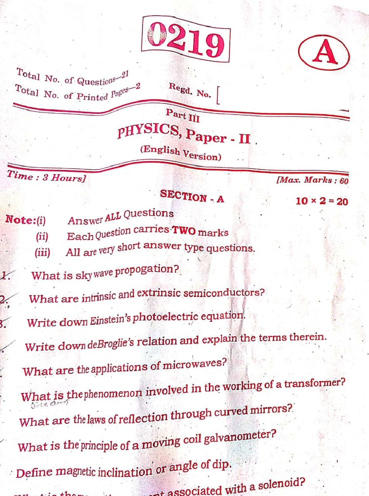 TS Inter 2nd year Physics mar 2024 QP - 0219 A Total No. of Questions ...