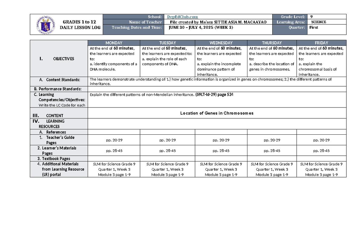 DLL Science 9 Q1 W3 - Daily Lesson Log on DNA and Inheritance - Studocu