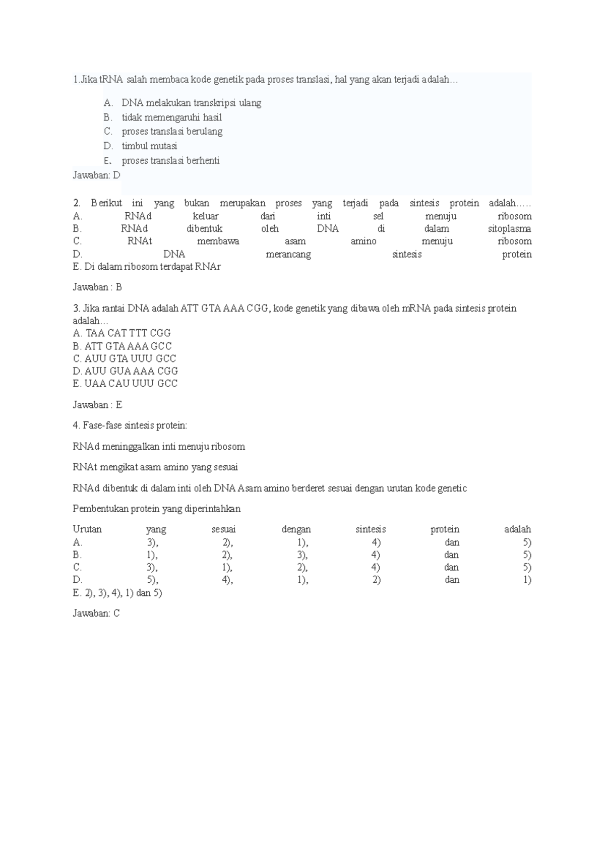 Sintesis Protein dan Proses Translasi: Soal dan Jawaban (AATUMBAL ...