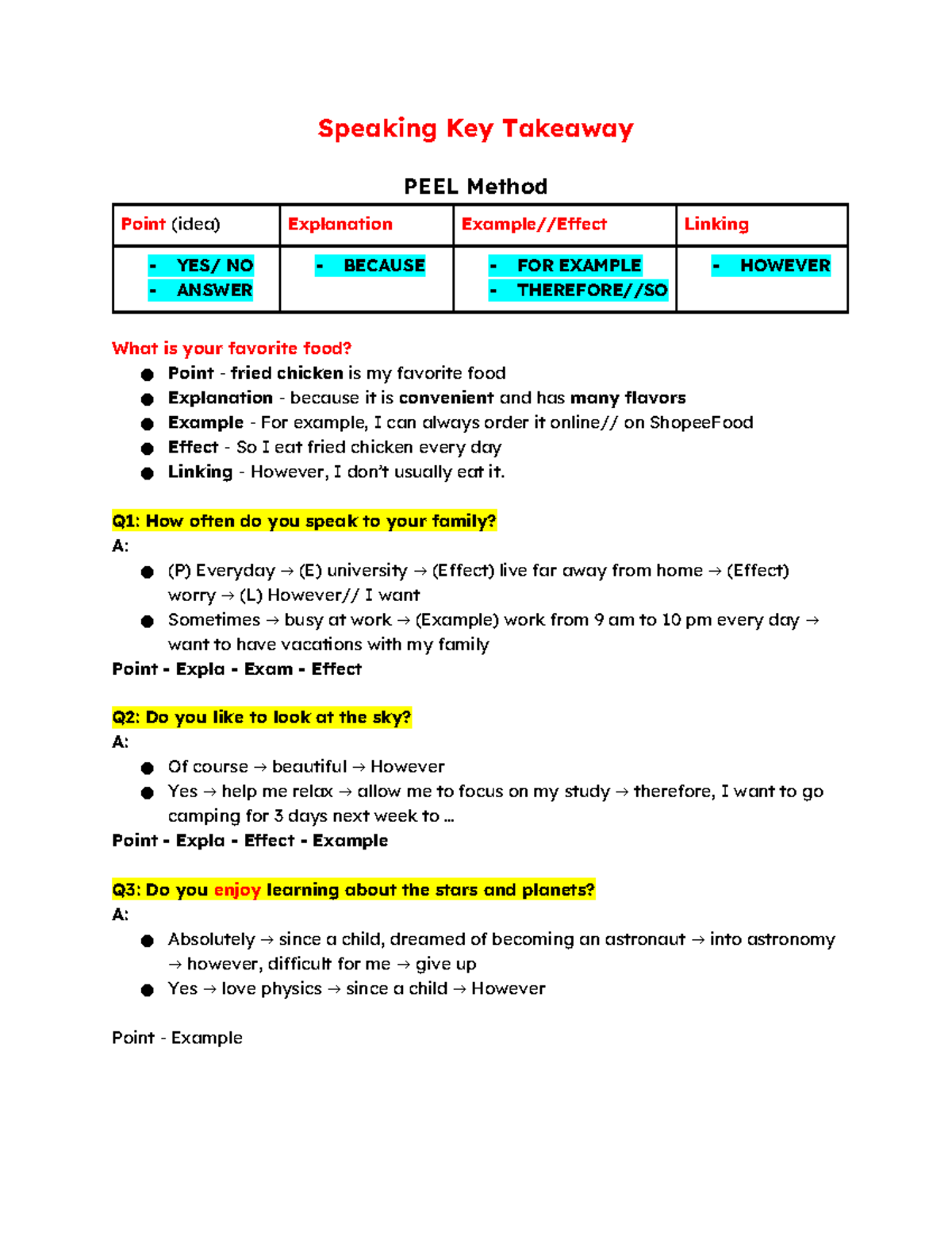 Hân Speaking Key Takeaway: PEEL Method & IELTS Tips - Studocu