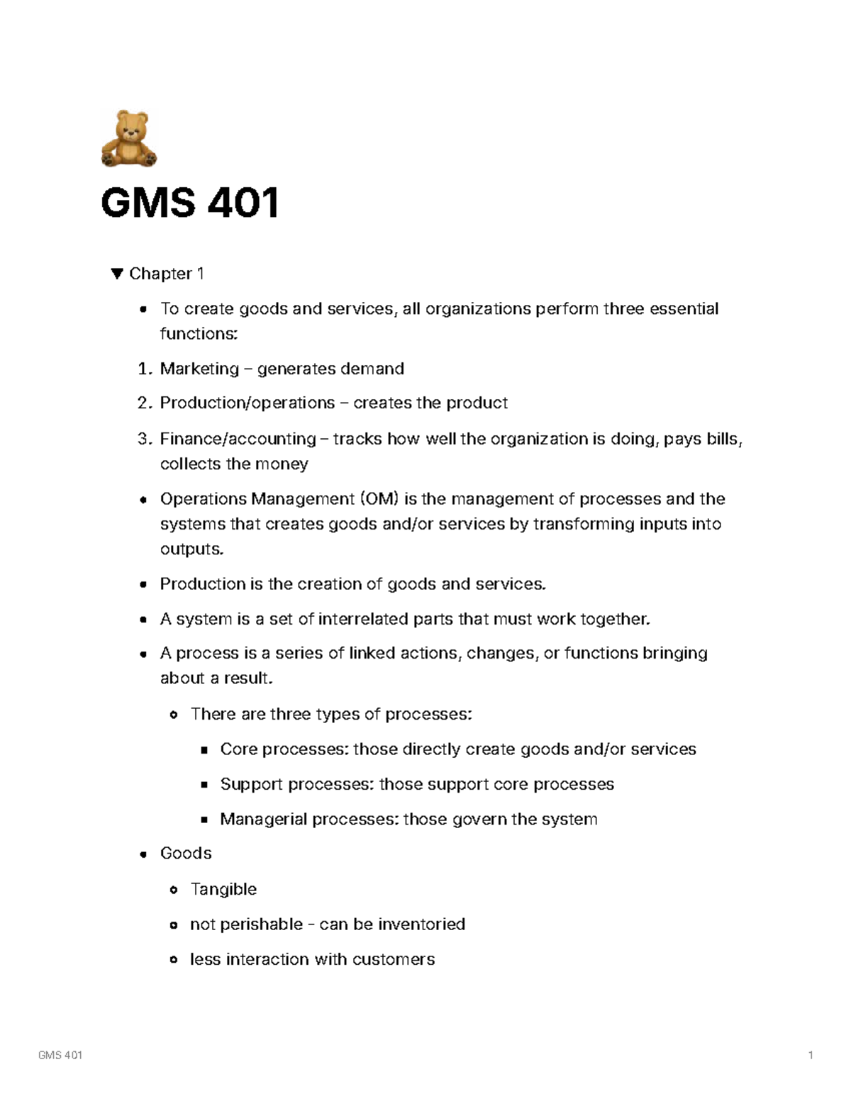 GMS 401: Chapter 1 - Key Concepts in Operations Management - Studocu