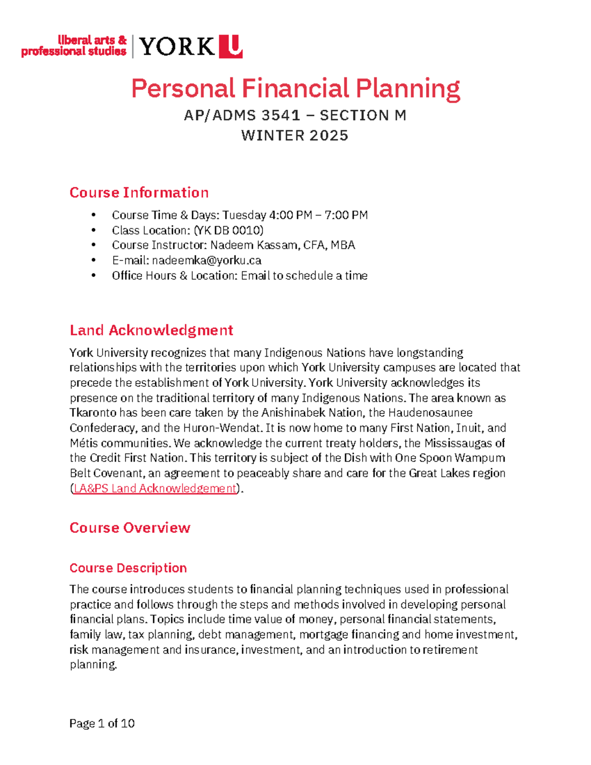ADMS 3541 Personal Financial Planning Course Outline Winter 2025 - Studocu