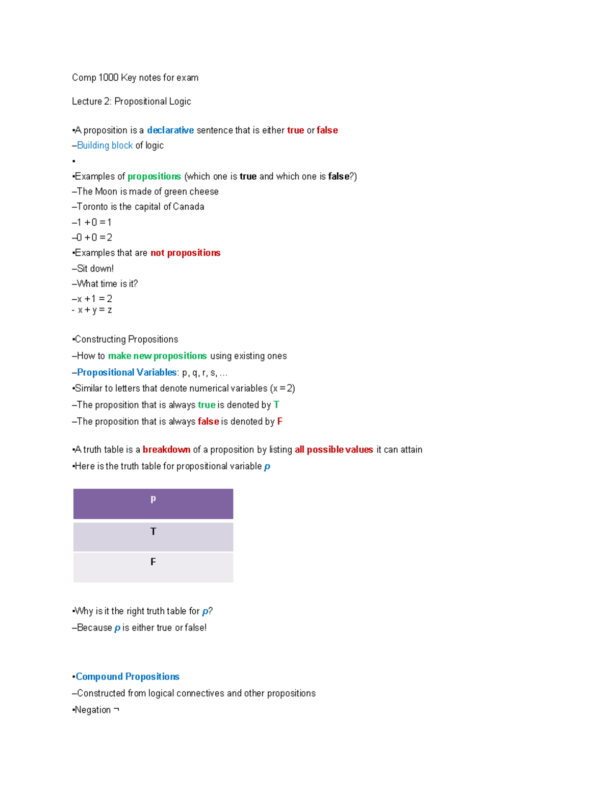 Comp 1000 Key Notes for Final Exam: Propositional Logic - Studocu