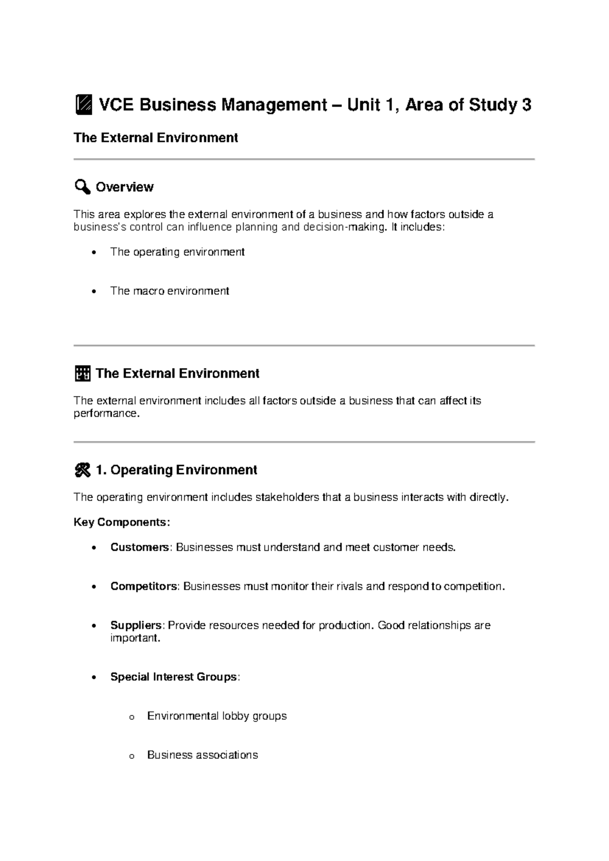 VCE Business Management Unit 1 AOS 3: Overview of External Environment ...