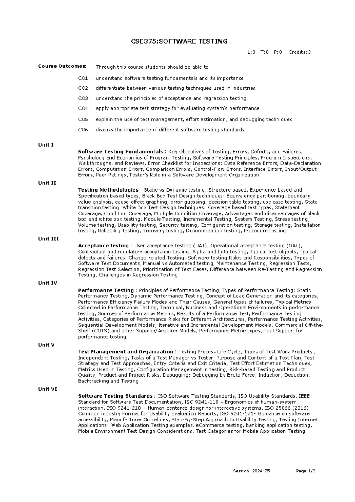 CSE375: Software Testing Course Syllabus for Session 2024-25 - Studocu