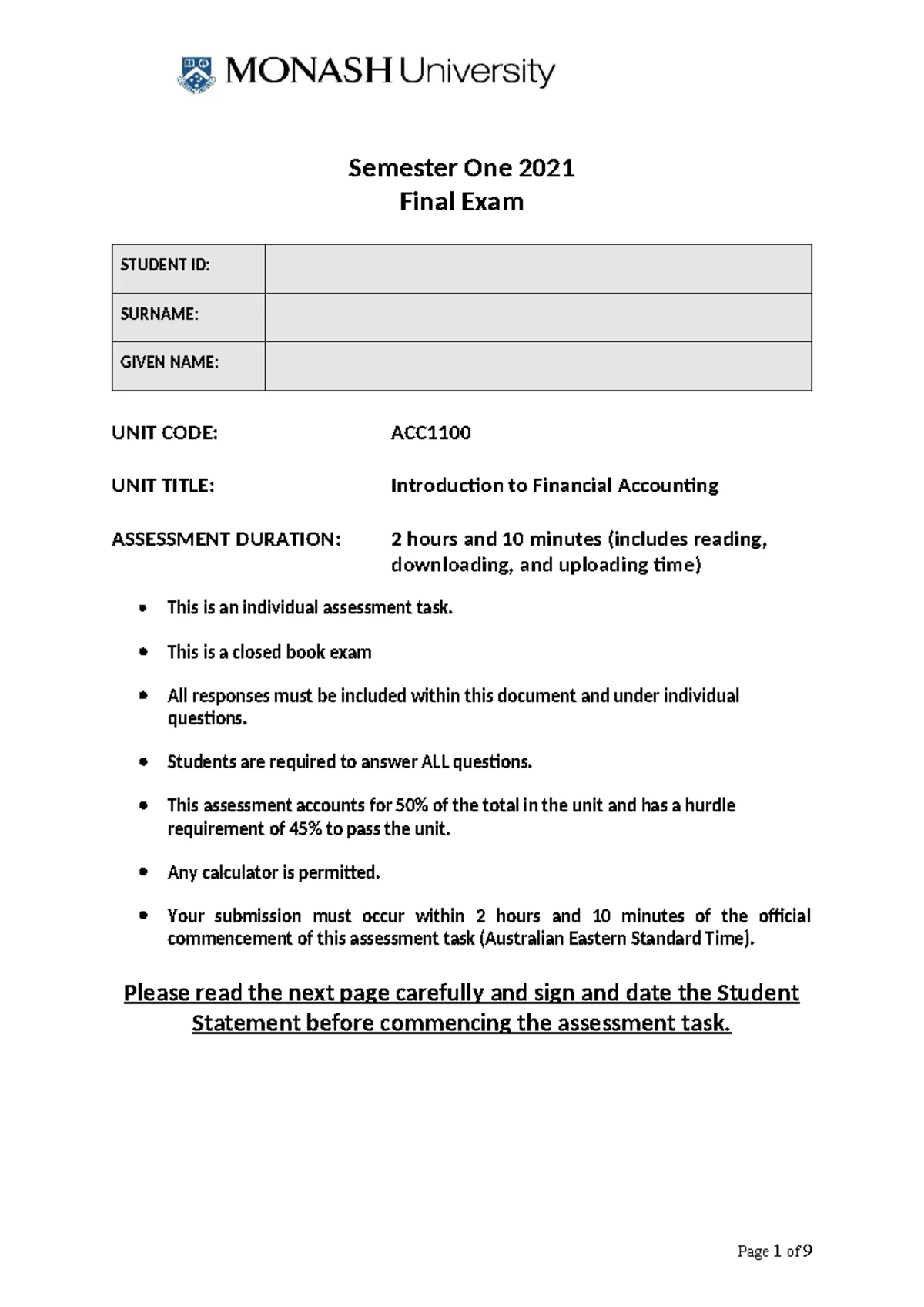 ACC1100 Lecture Notes: Intro to Financial Accounting Concepts and ...