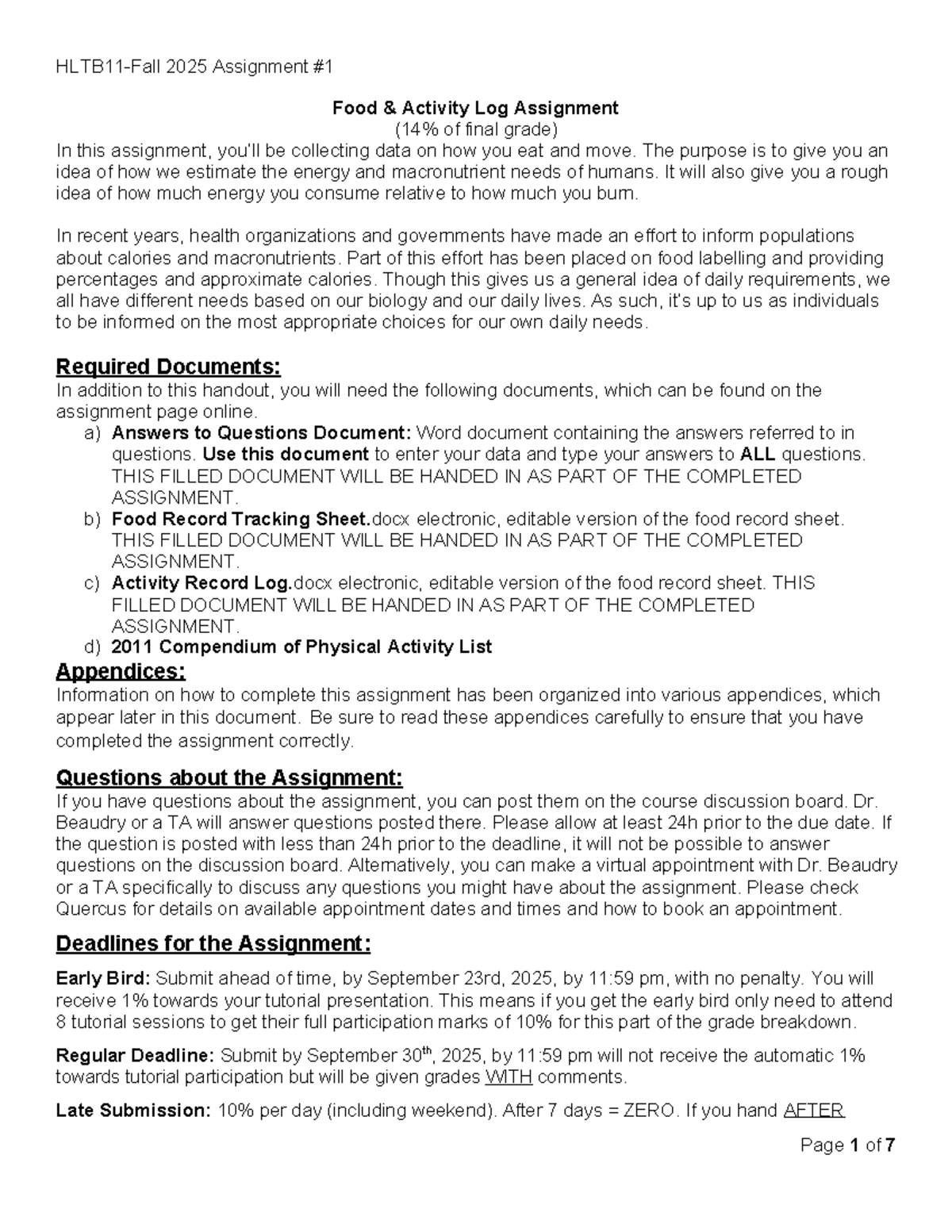 2025 Food & Activity Log Assignment (Final Grade) - Studocu