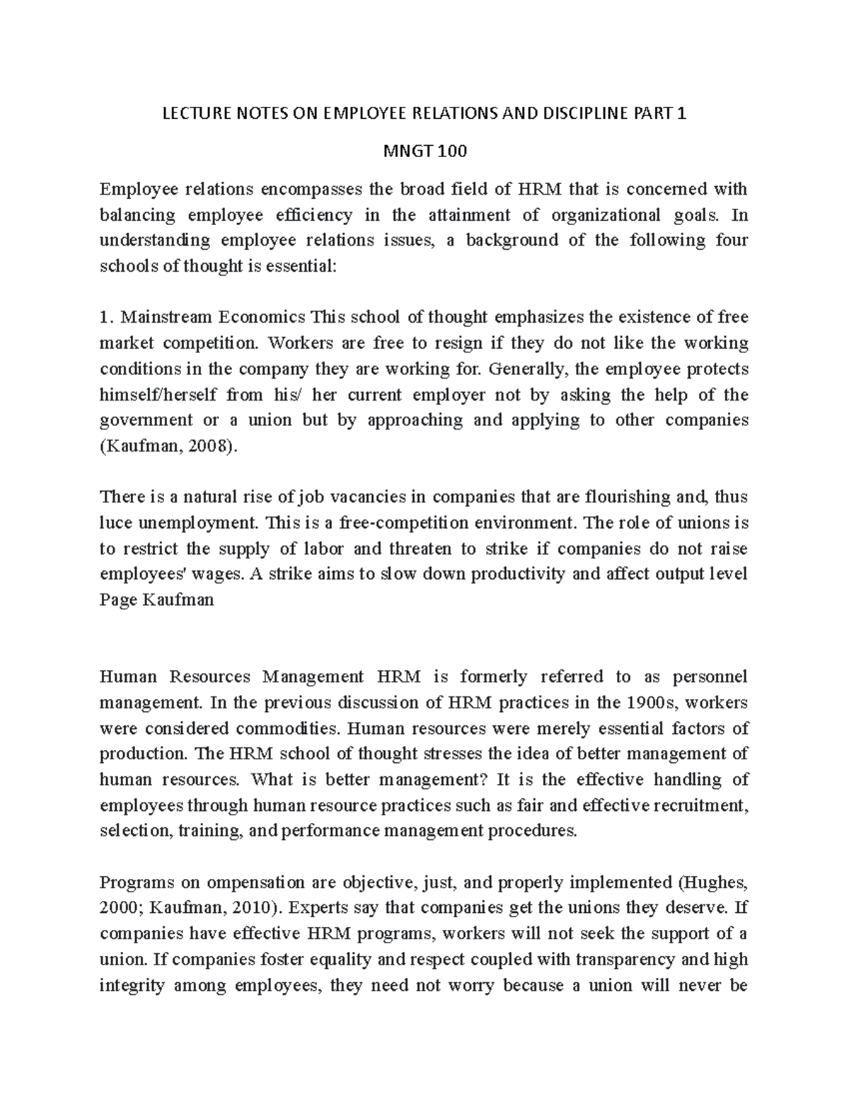 Lecture Notes on MNGT 100: Employee Relations & Discipline PART 1 - Studocu