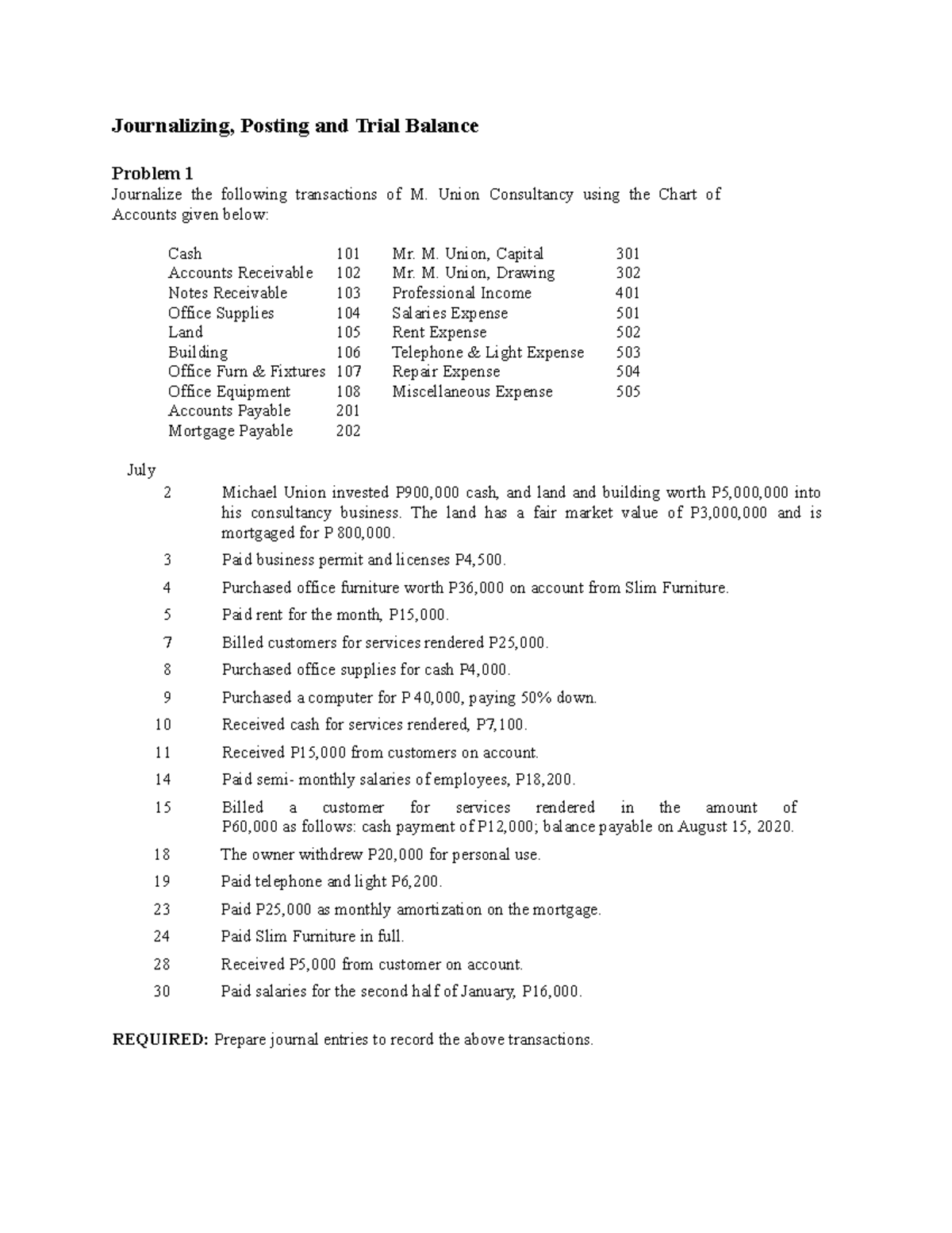 Exercises: Journalizing, Posting & Trial Balance (ACCT 101) - Document Preview