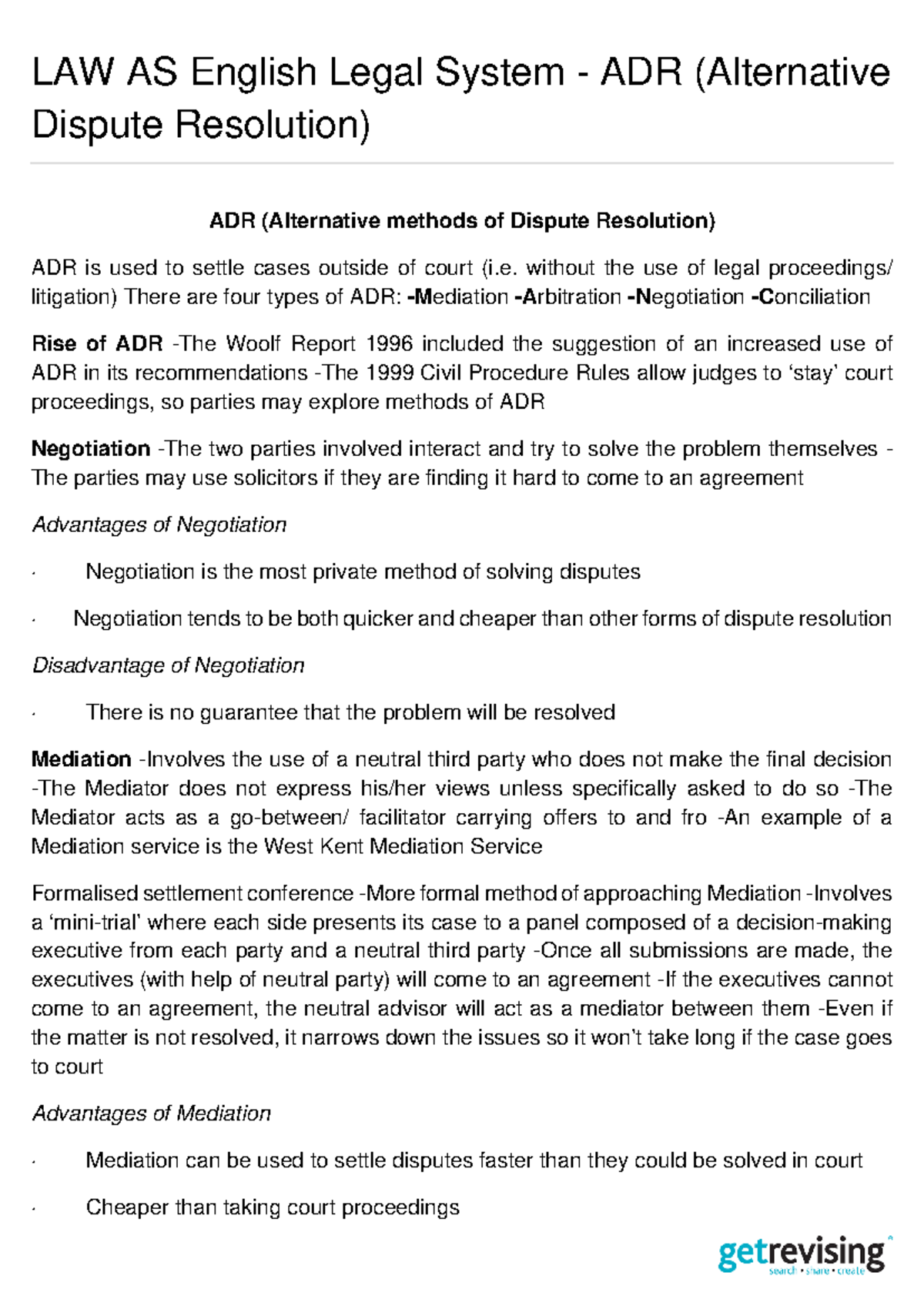 ADR-Notes: Key Insights on Alternative Dispute Resolution Methods - Studocu