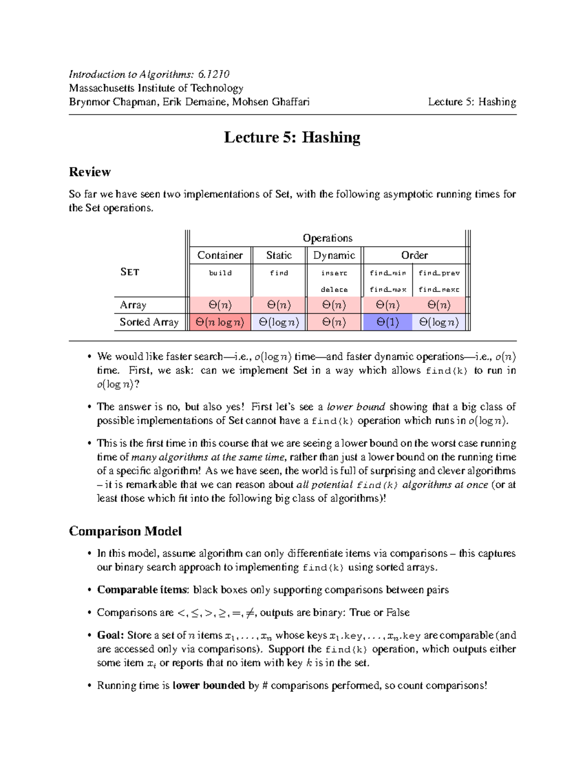 Lecture 5: Hashing Concepts in Algorithms (6.1210 MIT) - Studocu