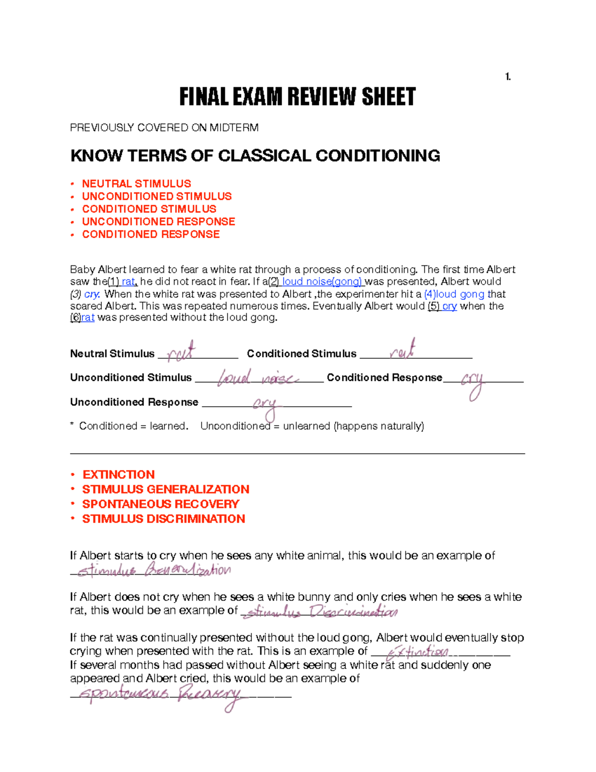 Psychology 101 Final Exam Review Sheet - Studocu