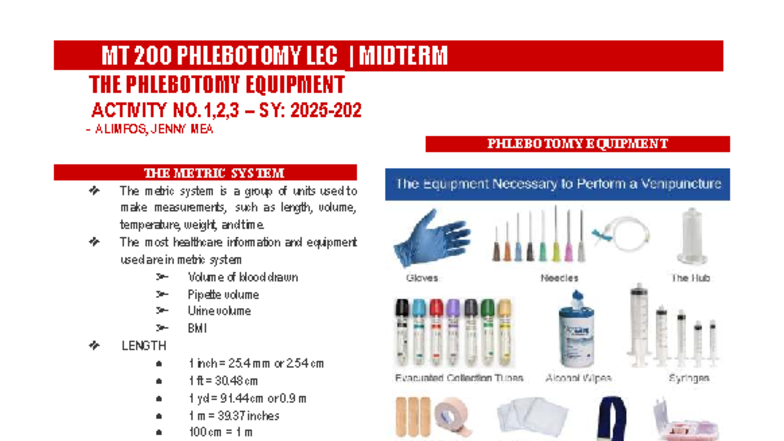 MT 200 PHLEBOTOMY LEC MIDTERM 2: PHLEBOTOMY EQUIPMENT & TECHNIQUES ...