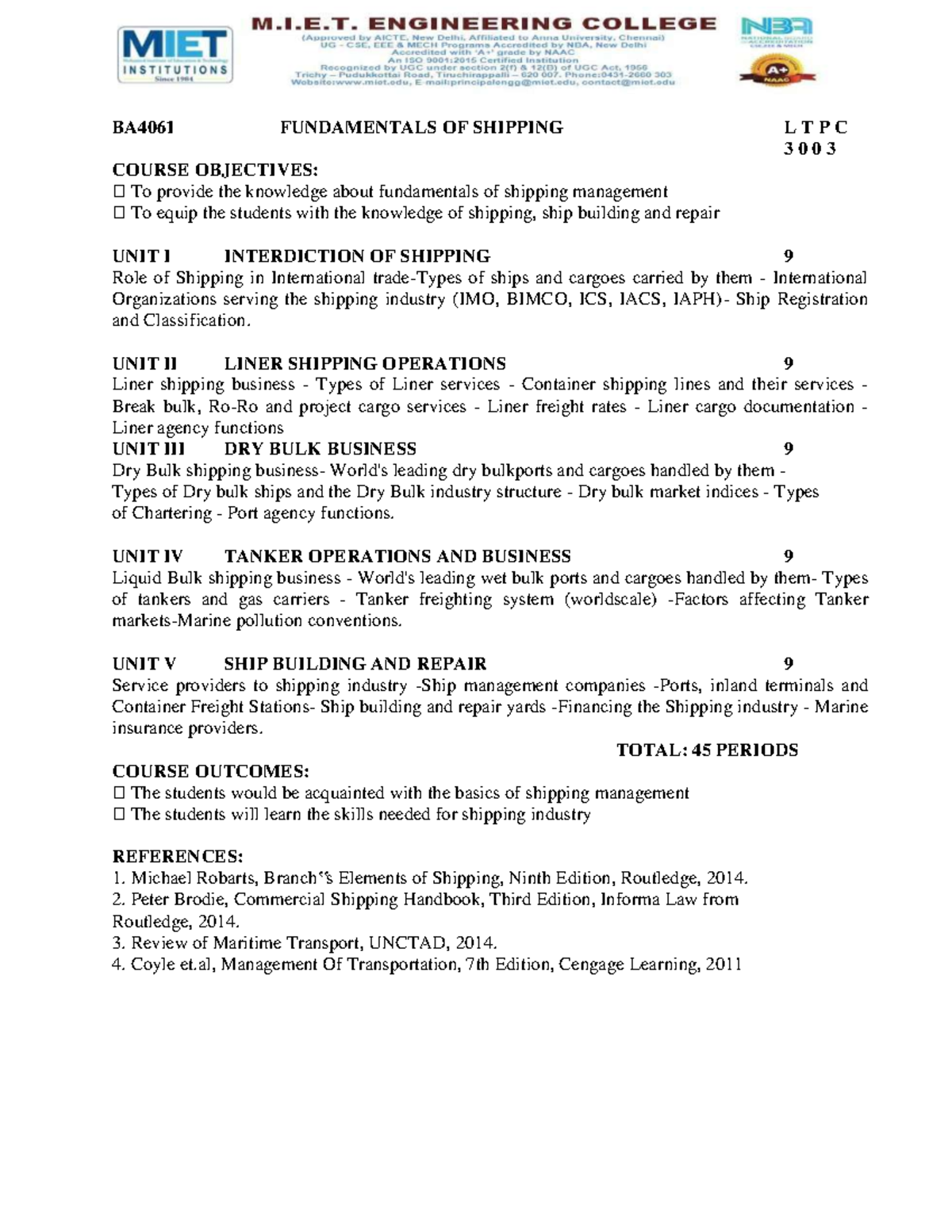 BA4061-FOS - Tyggghhu fhhhddvg - BA4061 FUNDAMENTALS OF SHIPPING L T P ...