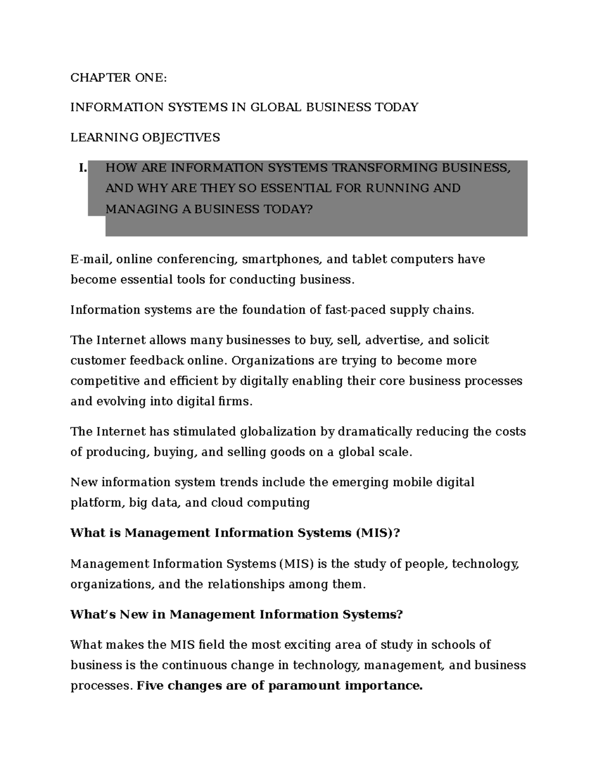 MIS 101: Chapter 1 Overview of Management Information Systems - Studocu