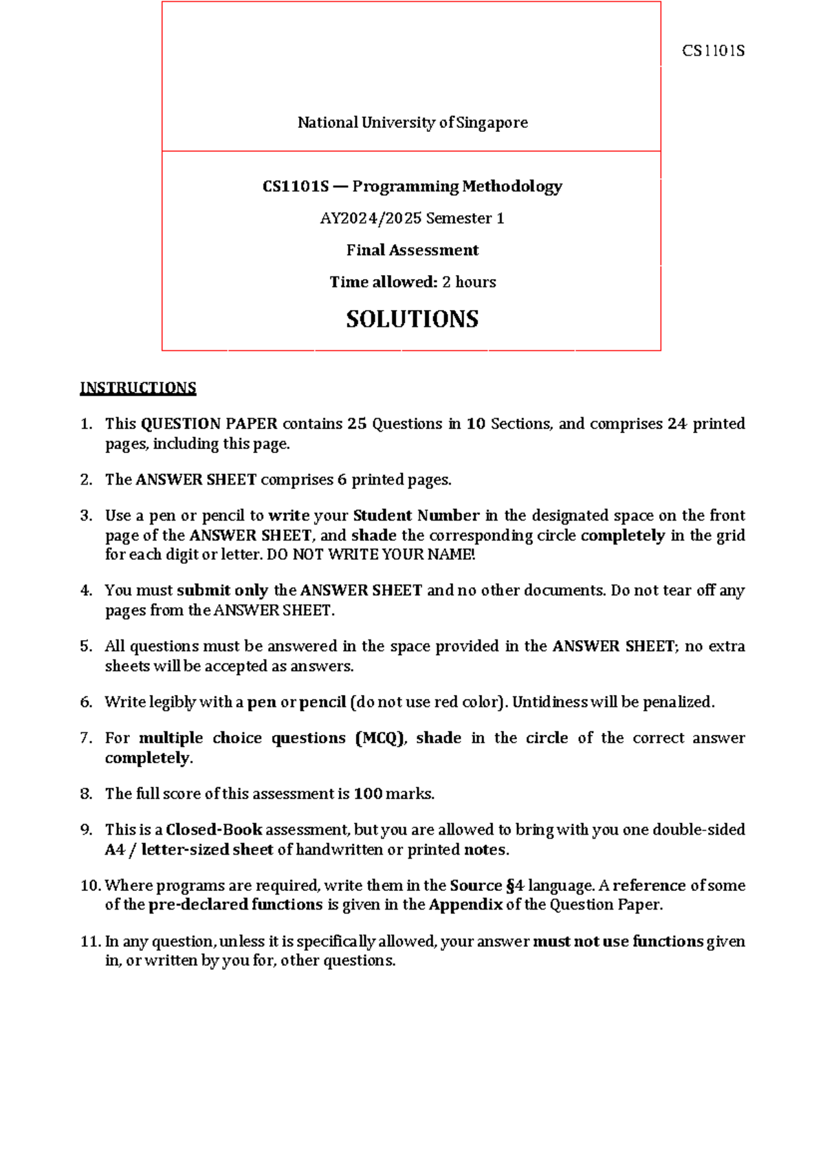 CS1101S 2425S1 Final Exam Solutions and Detailed Analysis - Studocu
