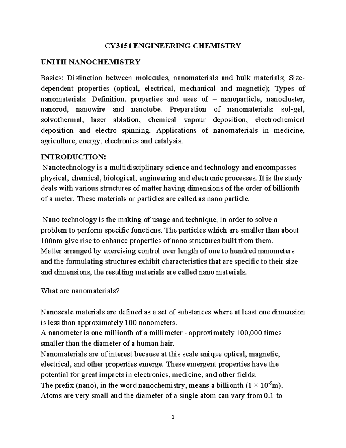 CY3151 Engineering Chemistry - Unit II: Nanochemistry Notes - Studocu