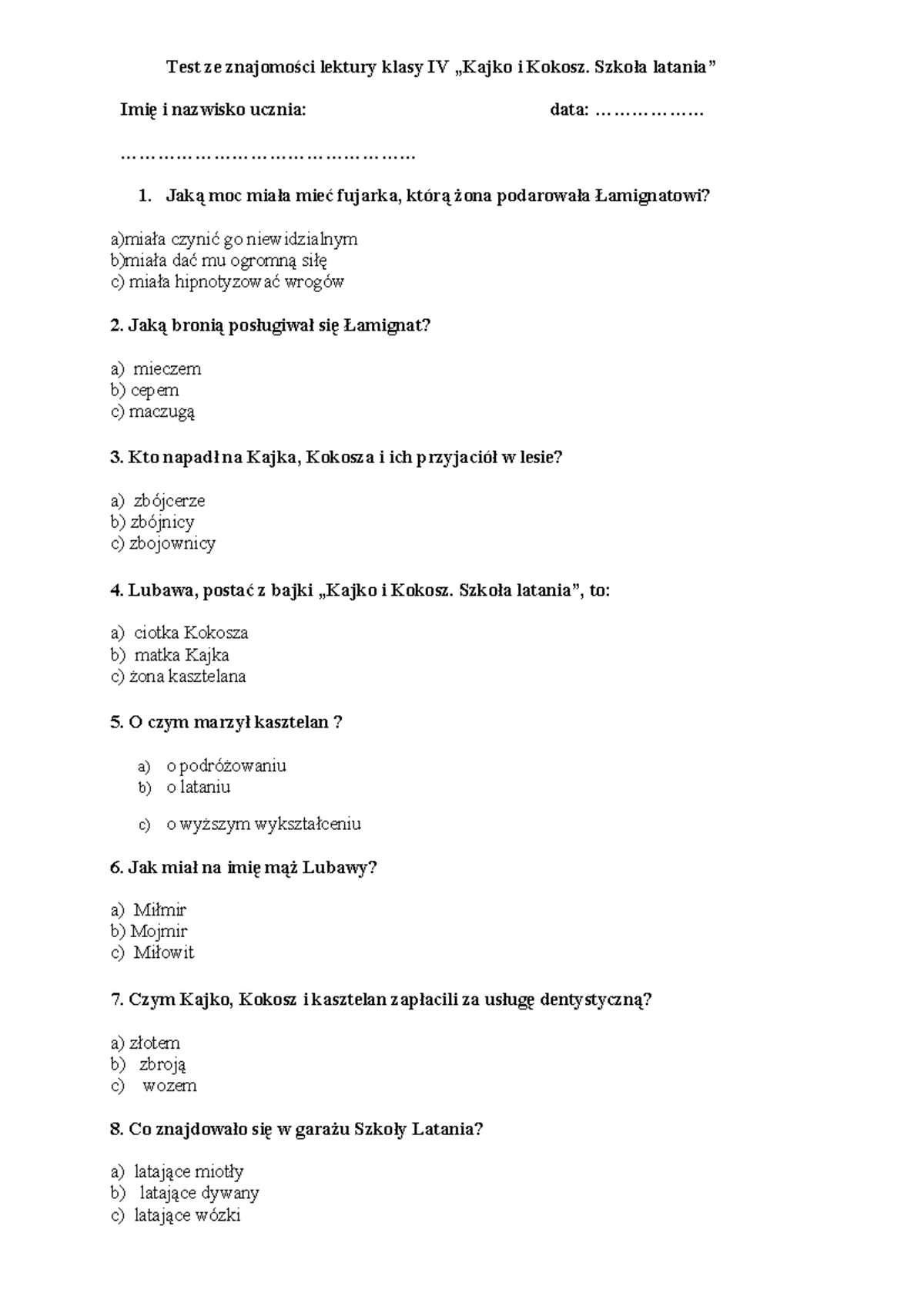 Sprawdzian Ze Znajomości Lektury Olbrzym Klasa 4