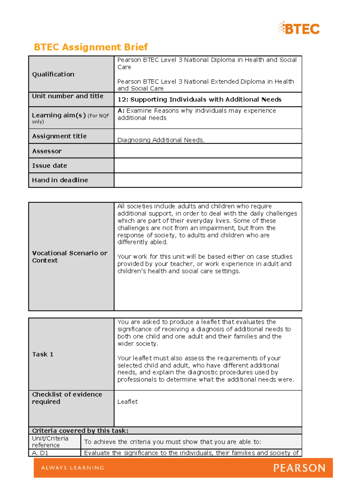 Unit 12 - Task 1: Diagnosing Additional Needs in Health & Social Care ...