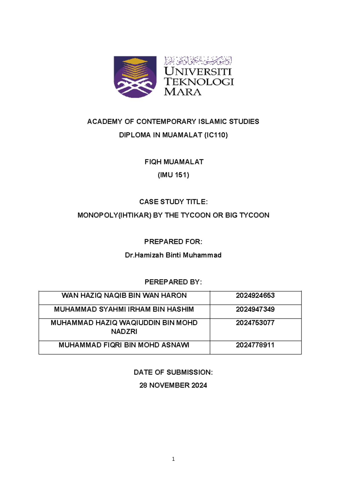 Case Study IMU151 - Analysis of Monopoly (Ihtikar) by Tycoons - Studocu
