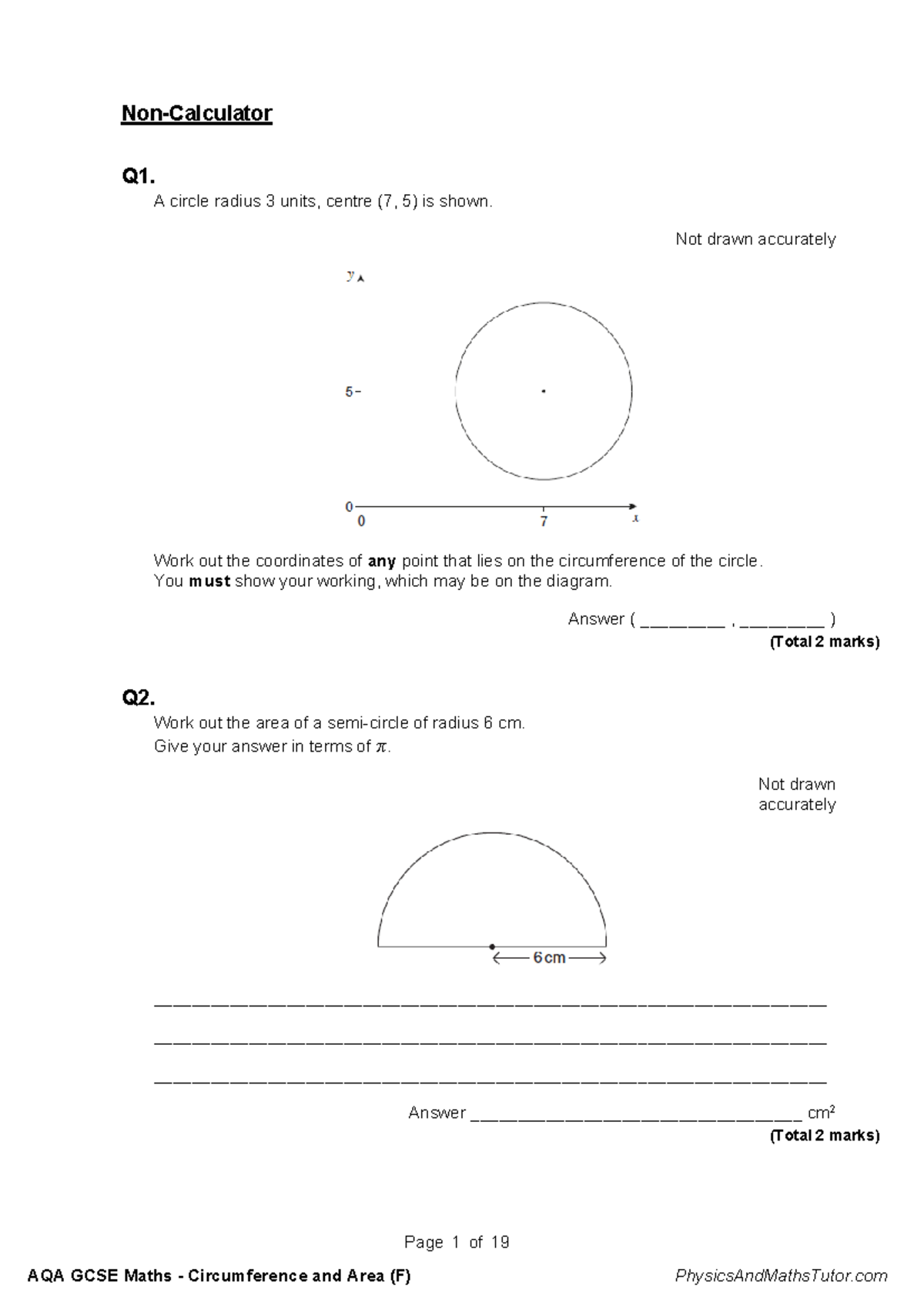 AQA GCSE Maths Circumference and Area (F) Practice Questions - Studocu