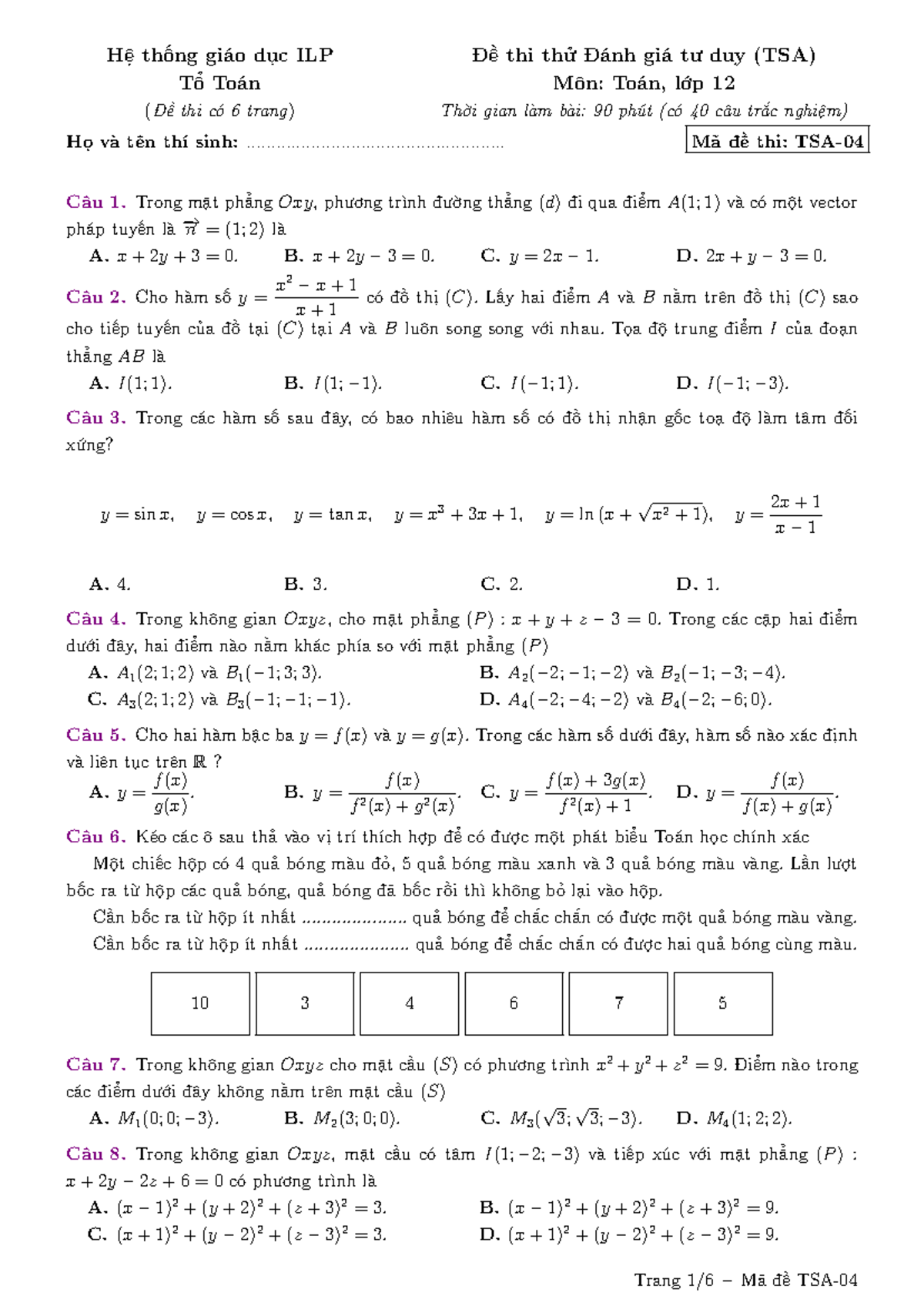 Đề thi thử Đánh giá tư duy (TSA) Môn Toán lớp 12 - Test4 - Studocu