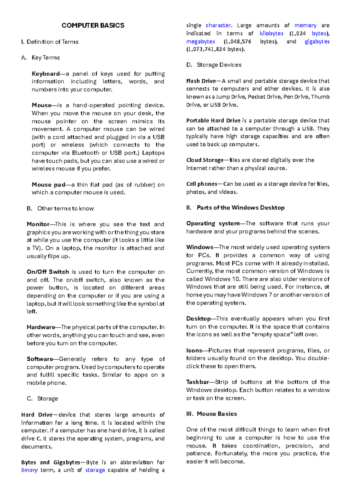 COMPUTER BASICS I: Key Terms and Mouse Fundamentals Lecture - Studocu