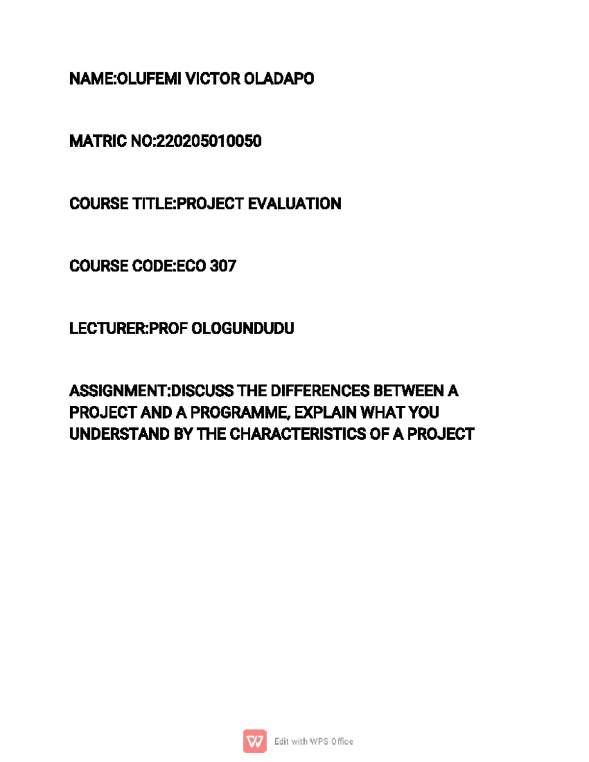 Differences Between a Project and a Program: ECO 307 Assignment - Studocu