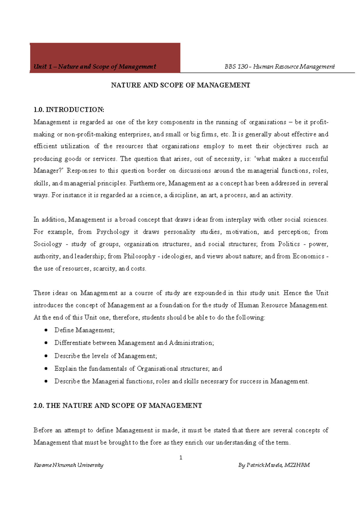 Nature and Scope of Management in HRM - BBS 130 Lecture Notes - Document Preview