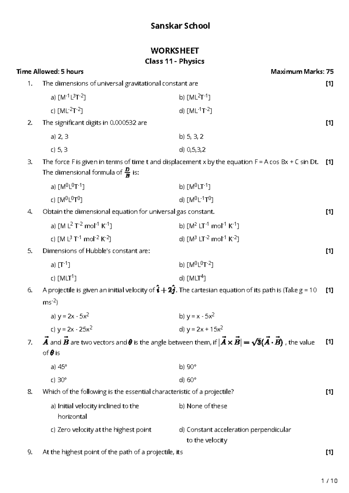 Class 11 Physics Worksheet: Revision for Final Exam - Studocu