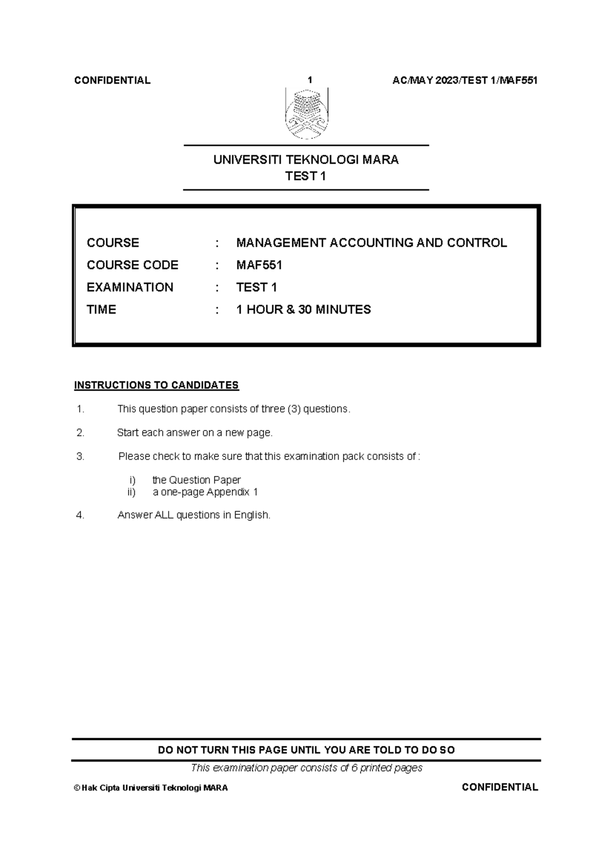 **MAF551 Test 1 May 2023: Management Accounting and Control Examination ...