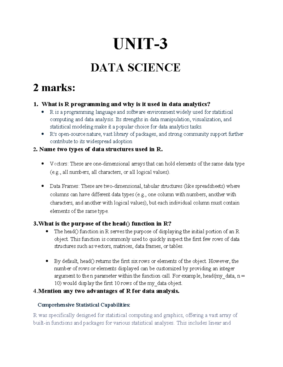 UNIT 3 DS - R Programming and Data Analysis Overview - Studocu