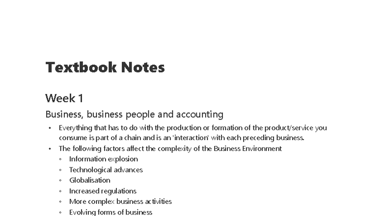 Business 101: Week 1-4 Textbook Notes on Accounting & Planning - Studocu