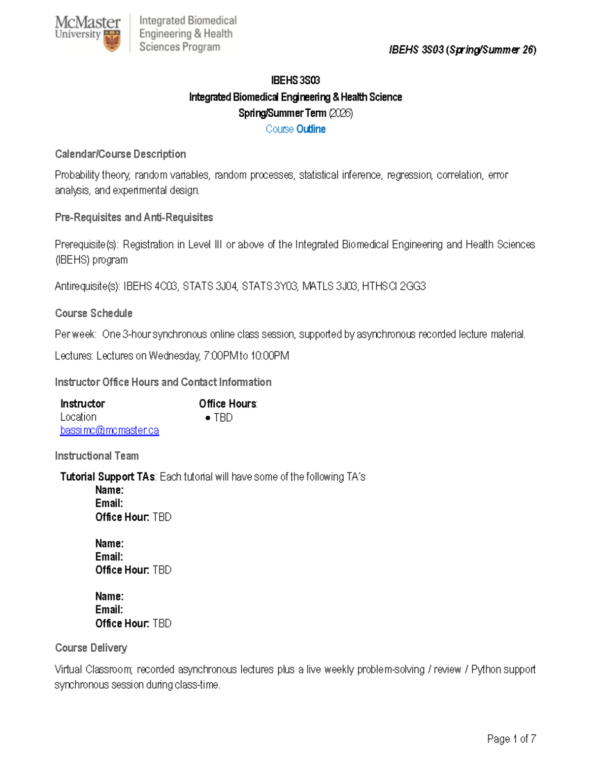 IBEHS 3S03 Integrated Biomedical Engineering Course Outline (Spring ...